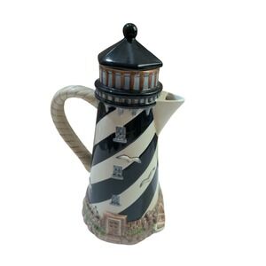 Burton & Burton Lighthouse Ceramic Teapot Black White Nautical Coastal Decor